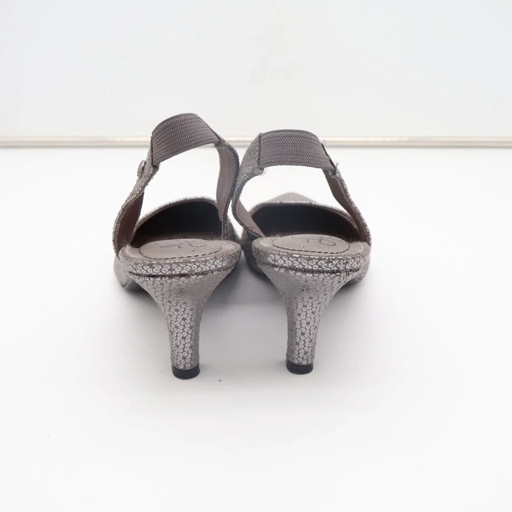LifeStride Shena Pump Womens US 7.5W Silver Stiletto Heel Slingback Dress Shoes